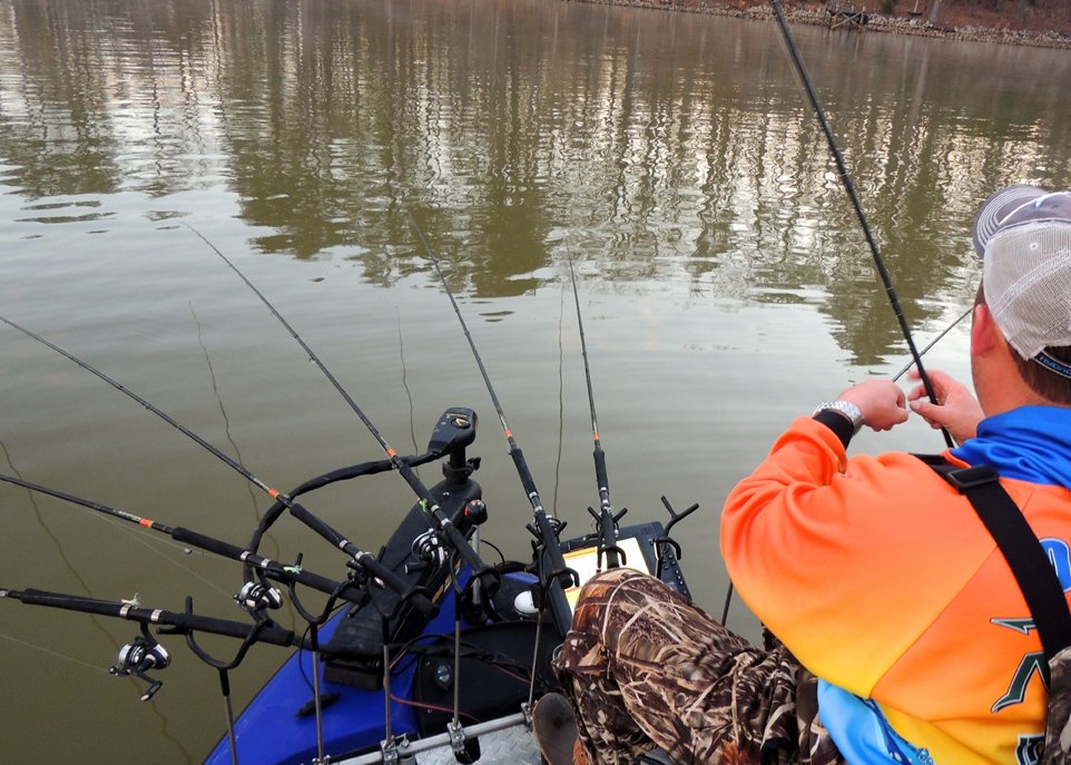 Outlaw begins each day by setting his B’n’M poles out at different depths and with different terminal rigs as he tries to pattern the crappie.