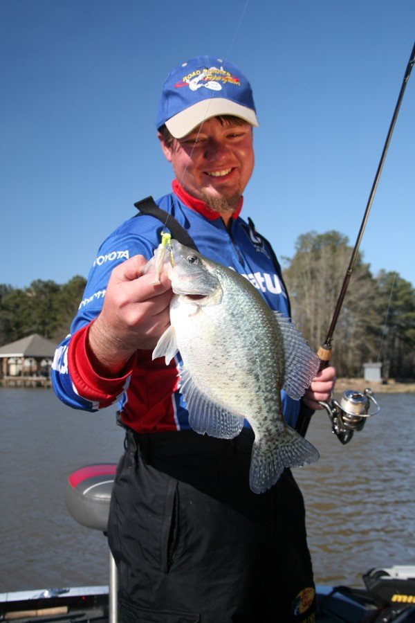 To cut through the frequently muddy waters of Alabama’s Coosa River guide Dustin King uses a bright chartreuse head Road Runner with a pearl-white body.