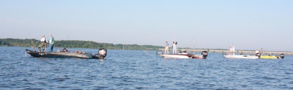 Conditions can get crowded in open water or as in this photo, along a fence row at Truman Lake. Sportsmanship and following rules are required to avoid problems.