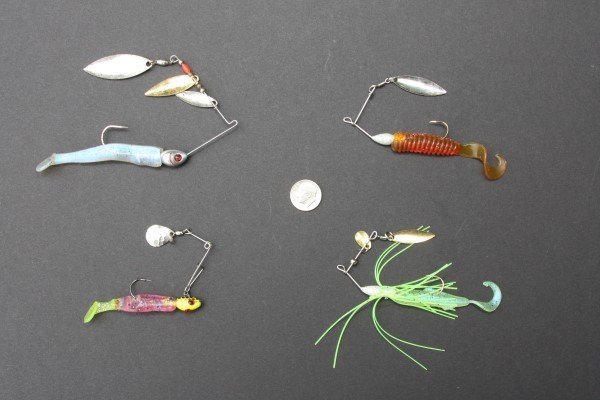 Selection of small spinnerbaits, including three hand-crafted ones plus a 3/16-ounce Booyah Willow Spin.