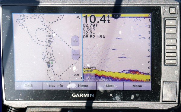 Good electronics are critical. This shows Dan Dannenmueller’s fishing paths on one side of the graph and the sonar on the other.