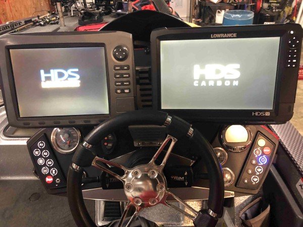 Tim Blackley’s boat console features two Lowrance units--one devoted strictly for side imaging and the other with split screens showing electronic mapping, down scanning and 2D sonar. (Photo by Tim Blackley)